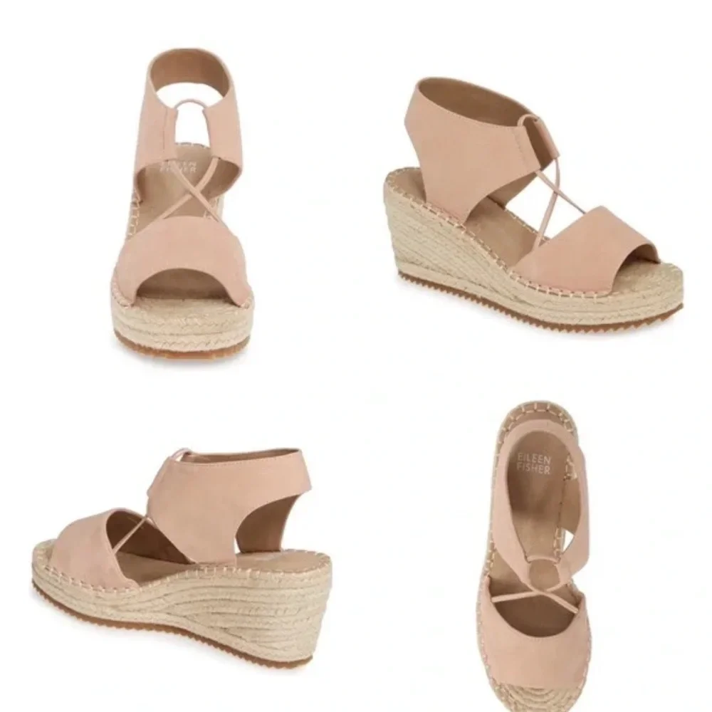 Eileen Fisher Agnes Leather Espadrille Wedge Sandals size 7